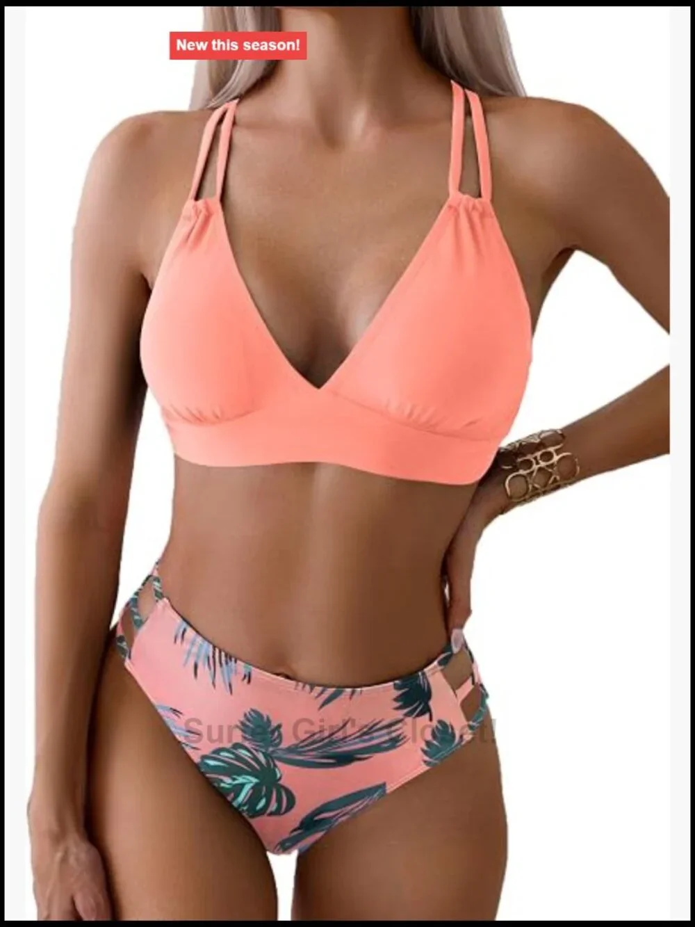 V Neck Bikini Sets Hollow Out Two Piece Cutout Mid Waist Bathing Suit